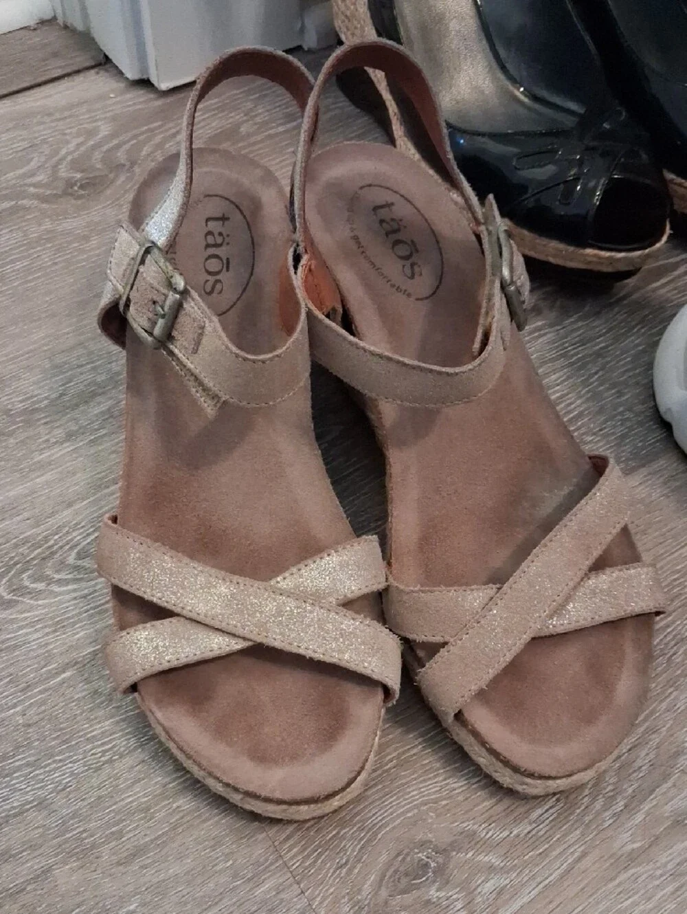 Taos Footwear Taupe Glitter Suede Wedge Sandals